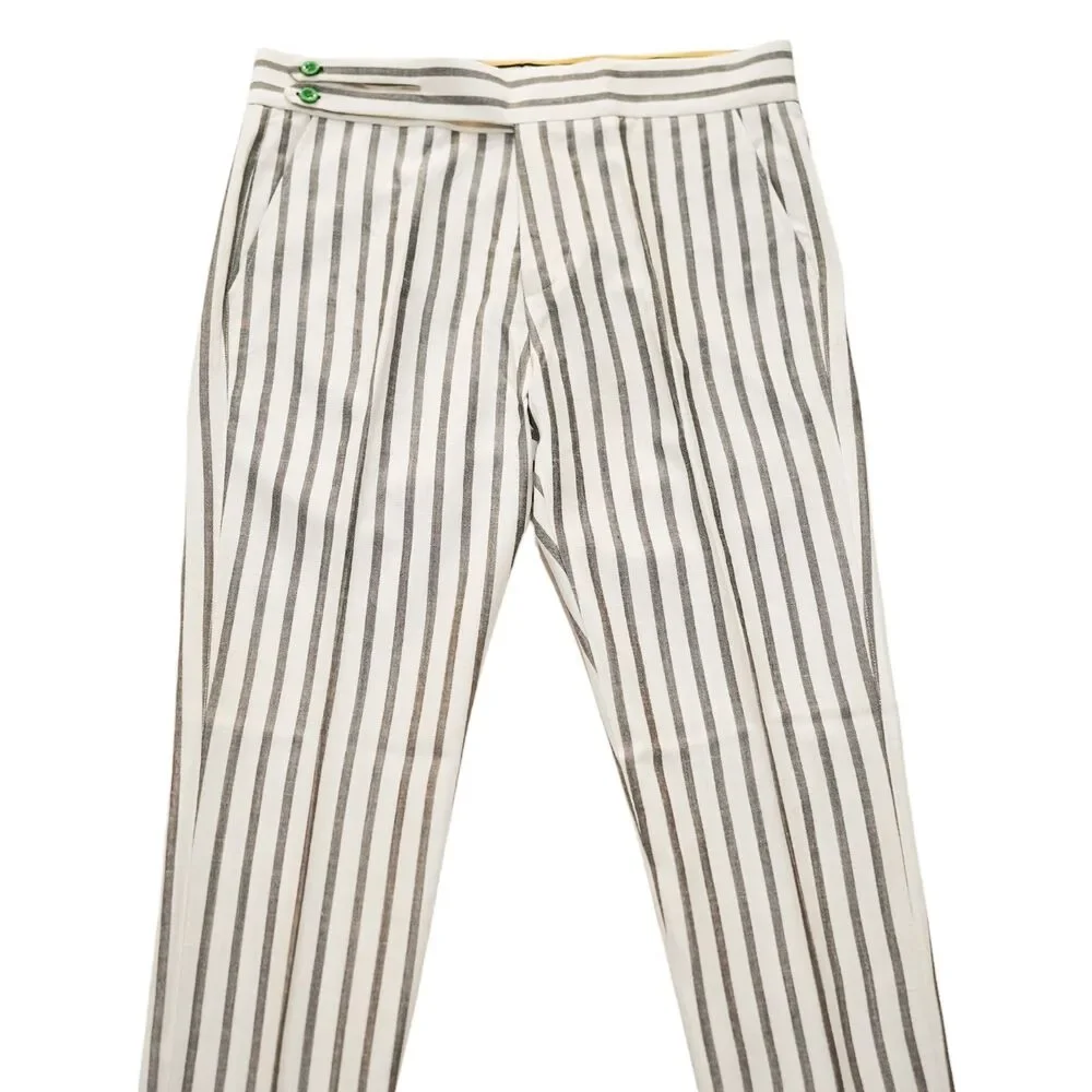 Mens Gurkha Pants 36 Cream Brown Striped Flat Front Slim Fit Cotton Trousers